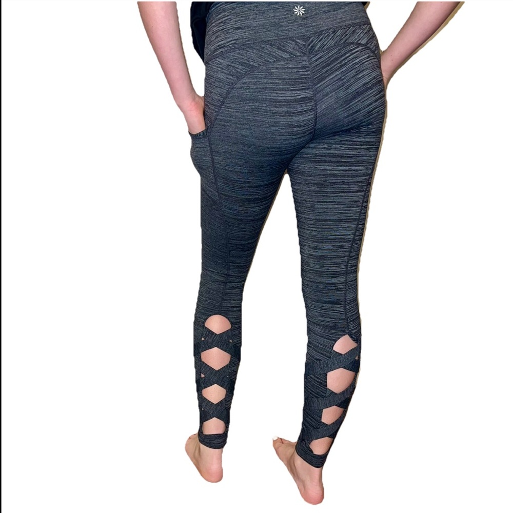 Athleta Gray Leggings Criss Cross Cut Out Calf Yoga Stretch Medium